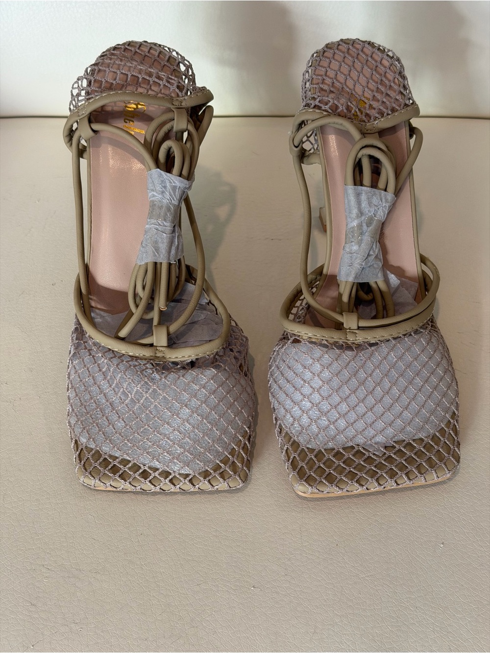 SHEIN Taupe Mesh Square-Toe Strappy High Heels